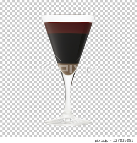 Layered cocktail in clear glass showcases distinct layers of dark and light liquids, creating visually appealing drink. elegant presentation highlights contrast between layers Layered cocktail in clear glass showcases distinct layers of dark and light liquids, creating visually appealing drink. elegant presentation highlights contrast between layers 127839883