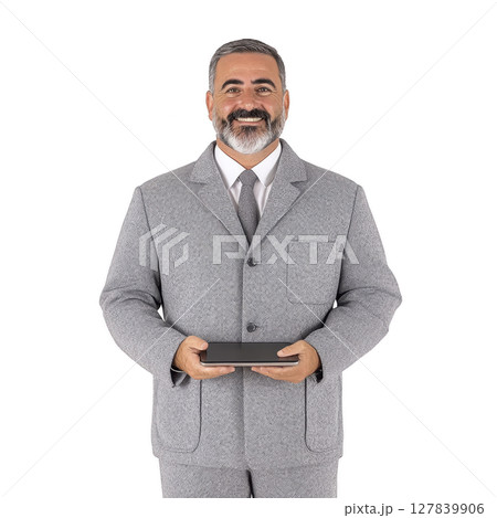 Man in gray suit holding black box, smiling confidently against plain background. suit is textured, and he has well groomed beard, exuding professionalism and warmth 127839906
