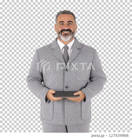 Man in gray suit holding black box, smiling confidently against plain background. suit is textured, and he has well groomed beard, exuding professionalism and warmth 127839906