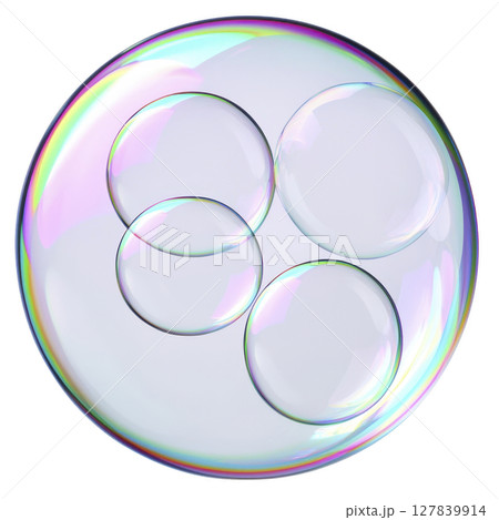 Large iridescent soap bubble with smaller bubbles inside, displaying spectrum of colors on its surface. transparent and delicate structure creates whimsical and playful atmosphere 127839914