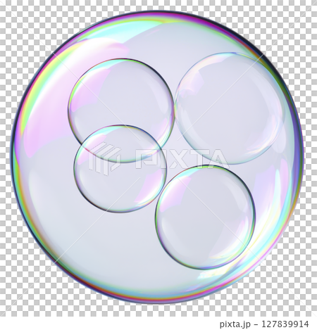 Large iridescent soap bubble with smaller bubbles inside, displaying spectrum of colors on its surface. transparent and delicate structure creates whimsical and playful atmosphere 127839914