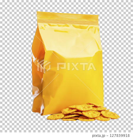 Bright yellow snack bag stands upright next to pile of crispy, golden chips, creating inviting and appetizing display 127839918