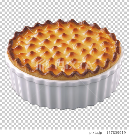Delicious golden brown pie with lattice crust sits in white ceramic dish, showcasing perfectly baked top. pie inviting appearance suggests warm, homemade treat 127839919