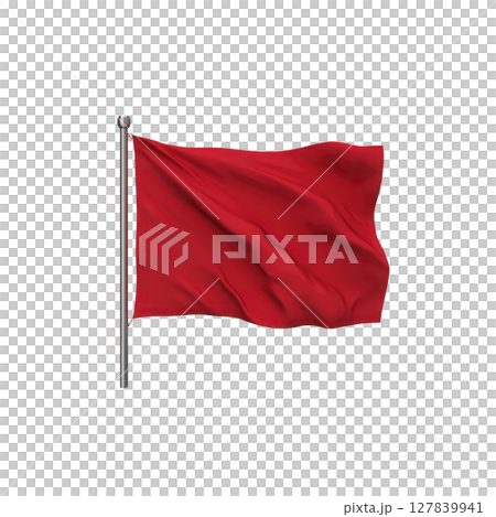 Red flag waves on silver pole against plain background, symbolizing caution or warning. fabric appears to be gently rippling in wind, creating sense of movement 127839941