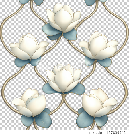 Elegant seamless pattern featuring white and blue flowers with intertwining stems on transparency background, creating sophisticated and decorative design 127839942