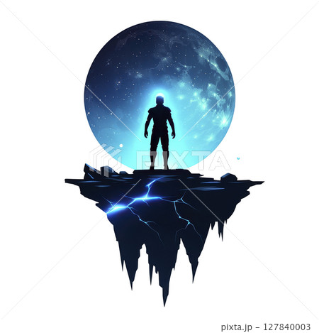 Silhouette of astronaut stands on floating, cracked platform against glowing moon, creating mysterious and futuristic atmosphere 127840003