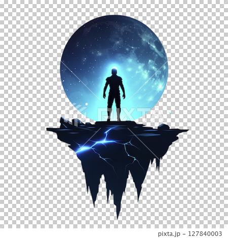 Silhouette of astronaut stands on floating, cracked platform against glowing moon, creating mysterious and futuristic atmosphere 127840003