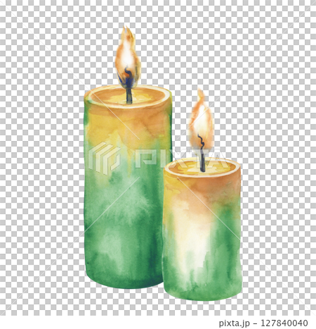 A pair of hand-painted yellow-green watercolor candles. Watercolor illustration of wax candles with a burning flame on a white background. Isolated. A template for Halloween. 127840040