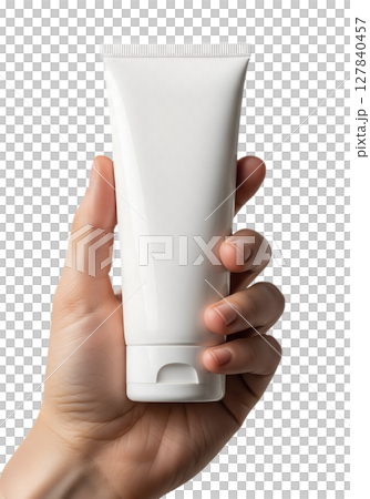 Cosmetic product tube held in hand, clean modern design, blank container for label design 127840457