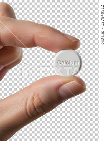 Calcium tablet in hand isolated, health care or nutrition concept, transparent background 127840512