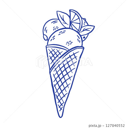 Hand draw gelato ice cream cone with lemon vector illustration. Vintage frozen dessert icon in sketch style 127840552
