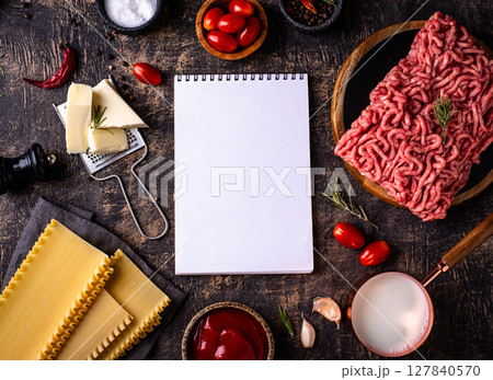 Ingredients for cooking lasagna bolognese with bechamel Ingredients for cooking lasagna bolognese with bechamel 127840570