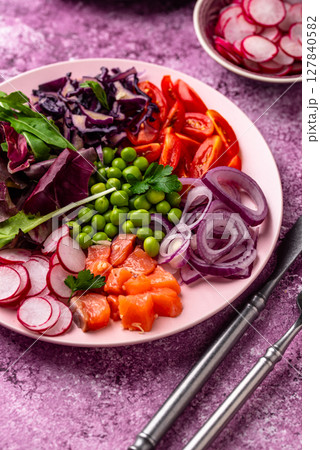 Ketogenic bowl with vegetables and salmon Ketogenic bowl with vegetables and salmon 127840582
