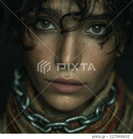 Portrait of a Woman with Fringe Hair and Chain Necklace 127840632
