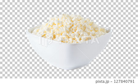 Bowl of fresh cottage cheese isolated, creamy white dairy with soft texture 127840791
