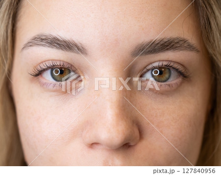 Close-up portrait of a woman after eyelash lamination procedure. Close-up portrait of a woman after eyelash lamination procedure. 127840956