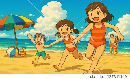 夏の海辺で家族が並ぶイラスト 127841149