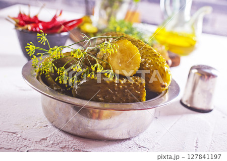 picled cucumber in metal bowl picled cucumber in metal bowl 127841197