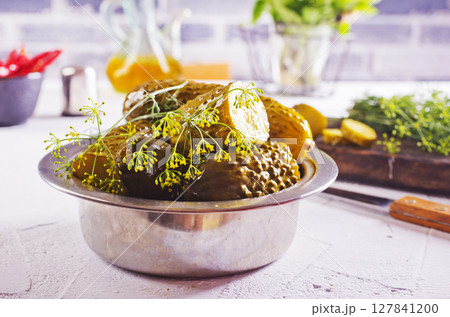 picled cucumber in metal bowl picled cucumber in metal bowl 127841200