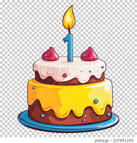 Illustration of baby first birthday cake with candle 1 on transparent background 127841283