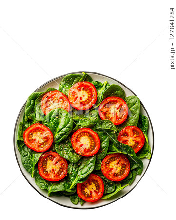 Spinach and tomato salad on transparent background, easy to use in any design related to healthy food theme 127841284