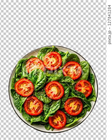 Spinach and tomato salad on transparent background, easy to use in any design related to healthy food theme 127841284