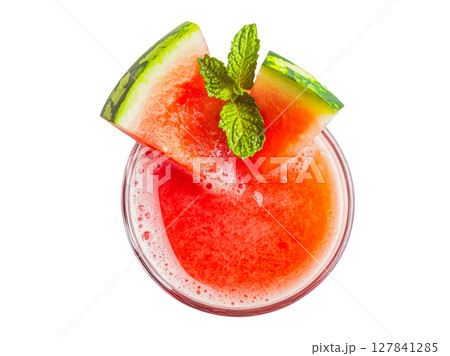 Watermelon juice in glass with mint leaves top view on transparent background 127841285