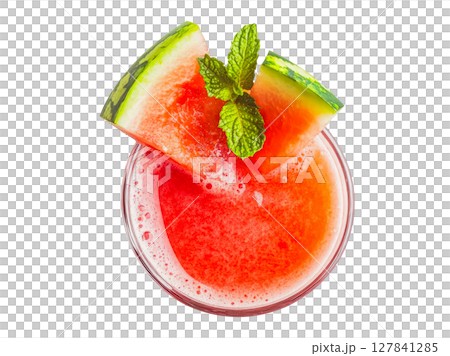 Watermelon juice in glass with mint leaves top view on transparent background 127841285