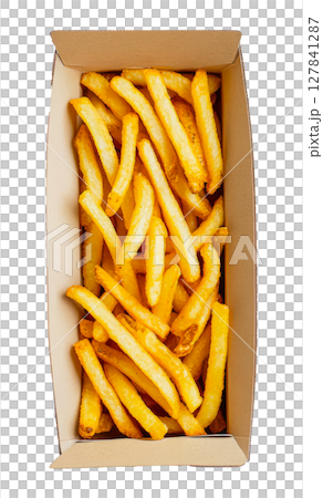 French fries in a cardboard box top view on a transparent background 127841287