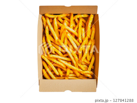 French fries in a cardboard box top view on a transparent background 127841288