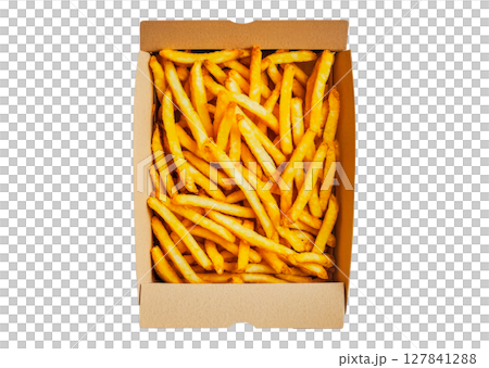 French fries in a cardboard box top view on a transparent background 127841288