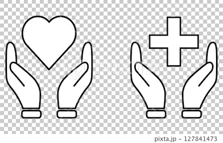 Icon set of hands, heart and cross marks symbolizing support and medical care 127841473