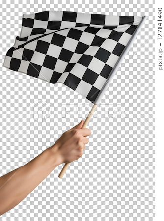 Hand gripping race flag, speed competition concept, transparent background Hand gripping race flag, speed competition concept, transparent background 127841490