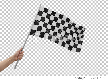 Hand holding checkered flag at race isolated on transparent background Hand holding checkered flag at race isolated on transparent background 127841492