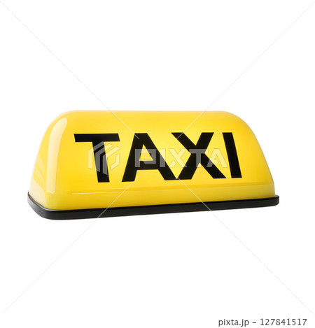 Isolated cab roof light, vibrant yellow with "taxi" text, city vehicle element Isolated cab roof light, vibrant yellow with "taxi" text, city vehicle element 127841517