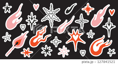 Cool sticker pack with fire, stars, heart, flames and match in y2k aesthetic, vintage, old school tattoo neo tribal style. Die cut with white outline. Trendy modern flat vector illustration 127841521