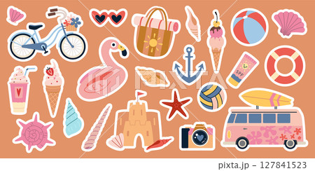Colorful summer vacation sticker pack with beach elements like ice cream, bicycle, sunglasses, inflatable flamingo and sea shells. Die cut with white outline. Trendy modern flat vector illustration Colorful summer vacation sticker pack with beach elements like ice cream, bicycle, sunglasses, inflatable flamingo and sea shells. Die cut with white outline. Trendy modern flat vector illustration 127841523