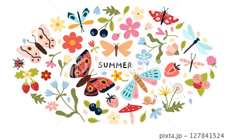 Bright summer nature Round composition with butterflies, flowers, berries, dragonflies and leaves on white background. Trendy modern vector illustration, hand drawn, flat design Bright summer nature Round composition with butterflies, flowers, berries, dragonflies and leaves on white background. Trendy modern vector illustration, hand drawn, flat design 127841524