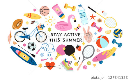 Colorful summer activity Round composition with sports equipment, beach items and fitness symbols. Trendy modern vector illustration isolated on white background, hand drawn, flat design 127841528