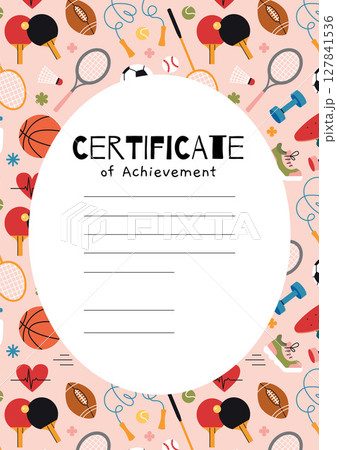 Colorful certificate of achievement template with sports equipment, rackets, balls and fitness items on pastel background. Trendy vector illustration, hand drawn, flat design 127841536