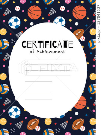 Colorful certificate of achievement template with various sports balls like volleyball, basketball and shuttlecocks pattern on dark background. Trendy vector illustration, hand drawn, flat design Colorful certificate of achievement template with various sports balls like volleyball, basketball and shuttlecocks pattern on dark background. Trendy vector illustration, hand drawn, flat design 127841537
