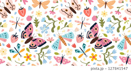 Seamless pastel pattern with butterflies, dragonflies, flowers and leaves. Delicate design for spring and summer products or feminine stationery. Vector illustration on light background, hand drawn 127841547