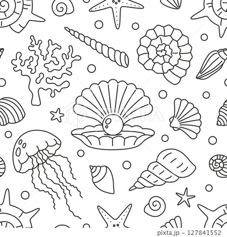 Seamless pattern with linear ocean elements like shells, jellyfish and  starfish. Elegant monochrome marine background. Vector illustration on transparent background, editable stroke, hand drawn 127841552