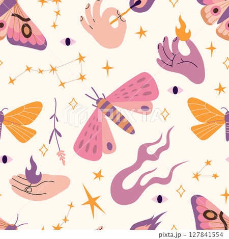 Seamless pattern with moths, flames, eyes and magical symbols. Mysterious design for witchy themes, tarot accessories or spiritual decor. Vector illustration on light background, hand drawn, flat 127841554