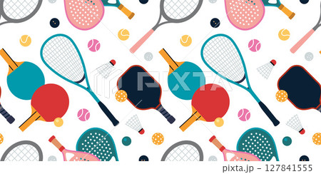 Seamless pattern with rackets, paddles and balls for various sports. Dynamic and fun design for summer games or active lifestyle products. Vector illustration on white background, hand drawn, flat Seamless pattern with rackets, paddles and balls for various sports. Dynamic and fun design for summer games or active lifestyle products. Vector illustration on white background, hand drawn, flat 127841555