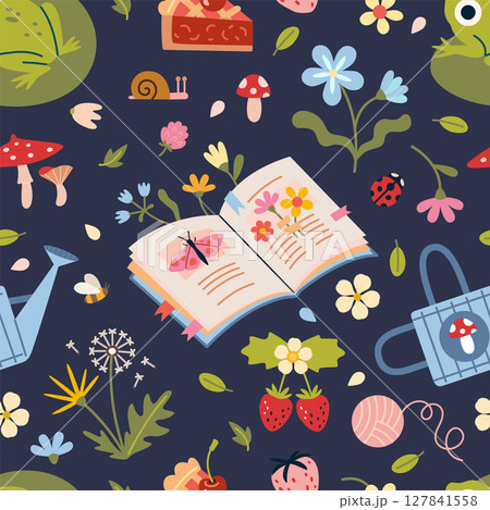 Cute Seamless pattern with book, flowers, frog, watering can, mushrooms and strawberries. Whimsical garden design for summer themes. Vector illustration on dark background, hand drawn, flat 127841558