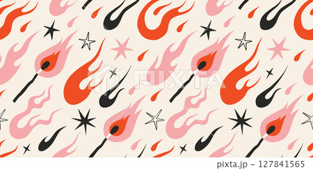 Seamless pattern with dynamic flaming match, flames, fire and stars on light background. Trendy vector illustration in y2k aesthetic, vintage, old school tattoo neo tribal style, hand drawn 127841565