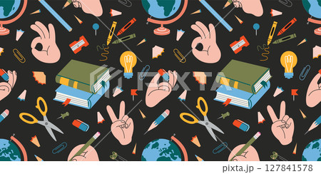 Seamless education themed pattern with school supplies, hand gestures, books and globe. Trendy modern vector illustration on black background, hand drawn, flat design 127841578