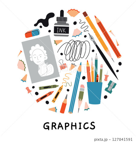 Art tools for graphic drawing like pencils, ink, crayons and eraser. Tools for traditional art, sketch lines and creative hobby projects. Trendy modern vector illustration, hand drawn flat design Art tools for graphic drawing like pencils, ink, crayons and eraser. Tools for traditional art, sketch lines and creative hobby projects. Trendy modern vector illustration, hand drawn flat design 127841591