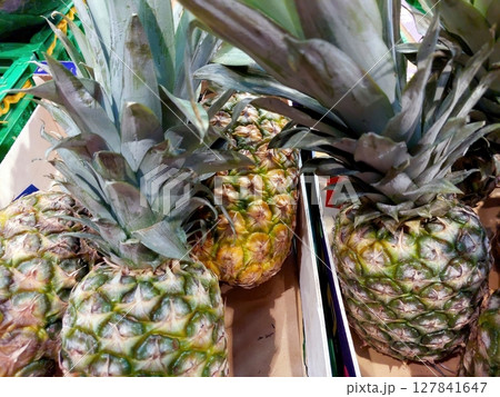 Fresh Pineapples Displayed at a Vibrant Market Stall During a Sunny Day in a Tropical Location Fresh Pineapples Displayed at a Vibrant Market Stall During a Sunny Day in a Tropical Location 127841647